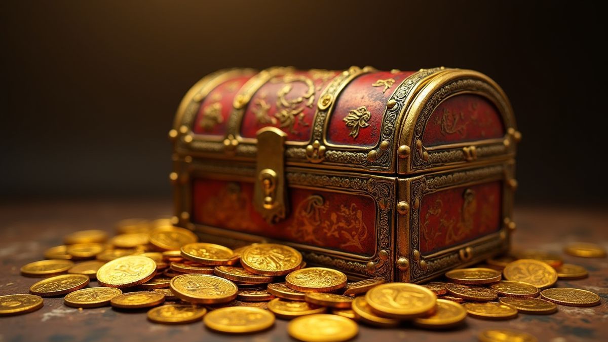 Monedas de oro y tesoros alrededor de un cofre oriental antiguo.