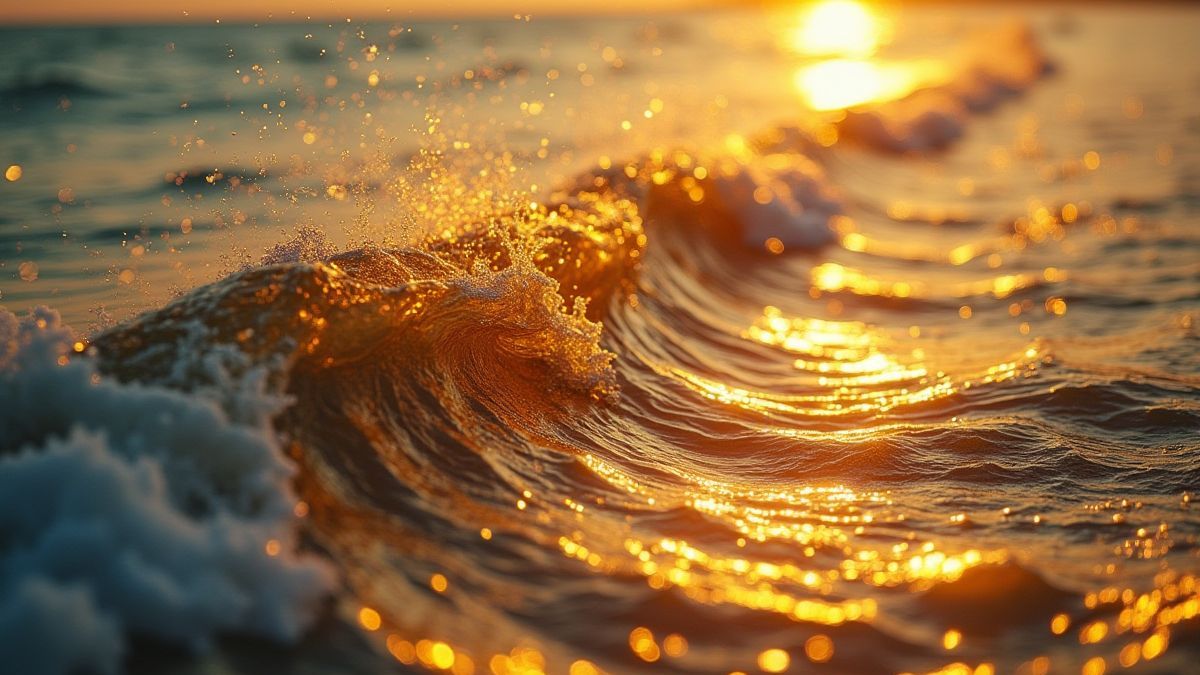 Olas rodantes con lingotes dorados flotando.