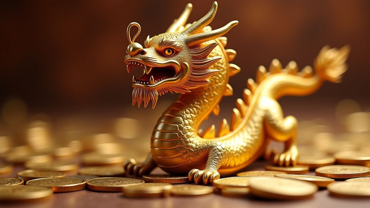 Dragão asiático dourado rodeado de moedas.