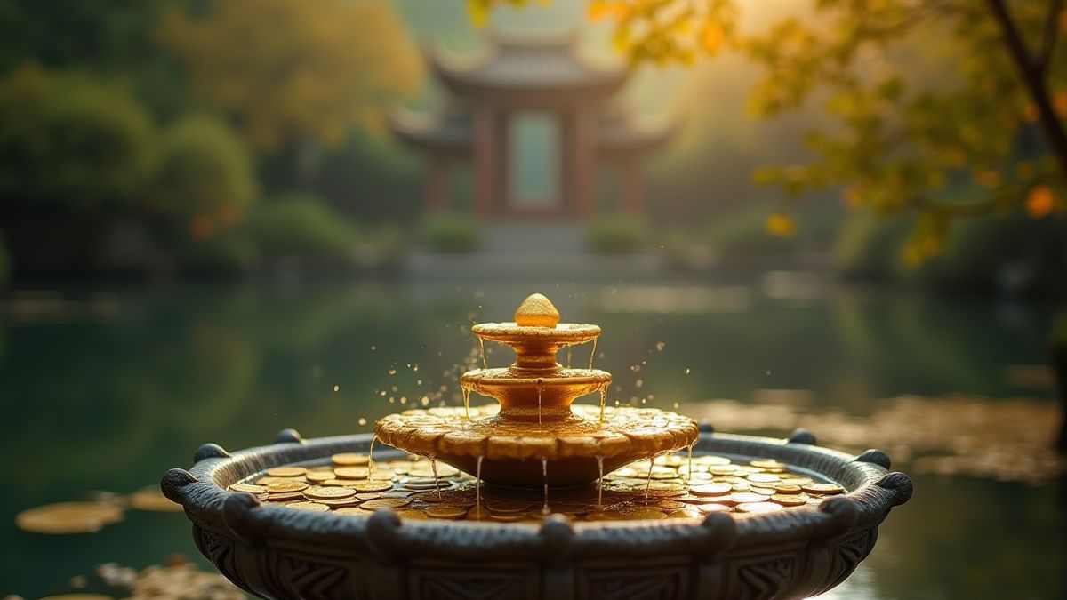 Fonte de moedas douradas em um jardim asiático.