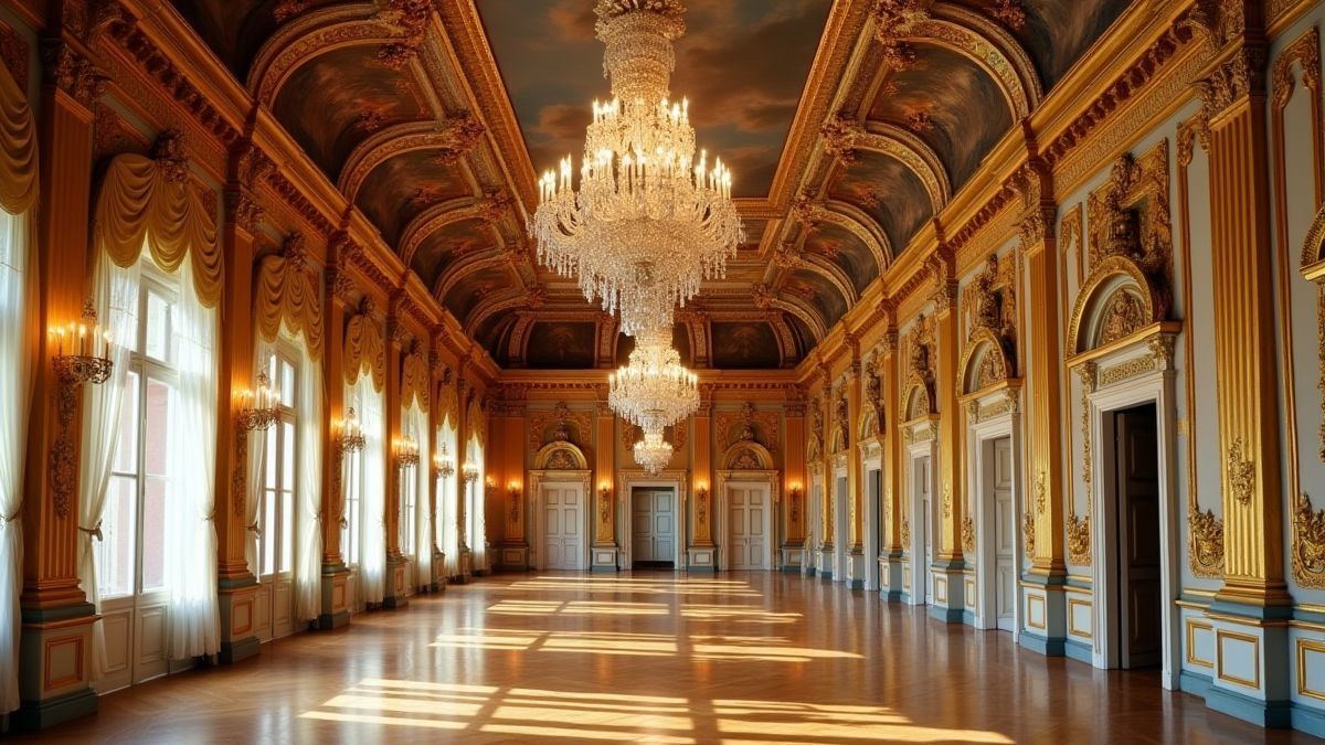 Interieur van een koninklijk paleis met gouden kroonluchters en uitgebreide decoratie.