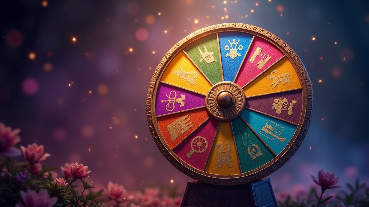 Een draaiend wiel met kleurrijke secties die verschillende prijzen aangeven in een magische setting.