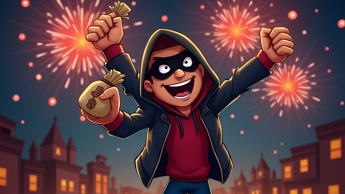 Ladrón caricaturesco celebrando con una bolsa de dinero.