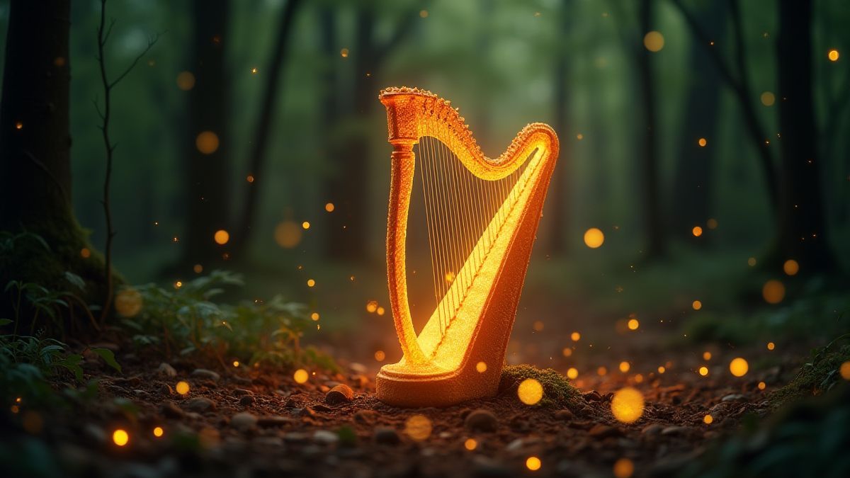 Arpa mágica brillante en un bosque encantado.