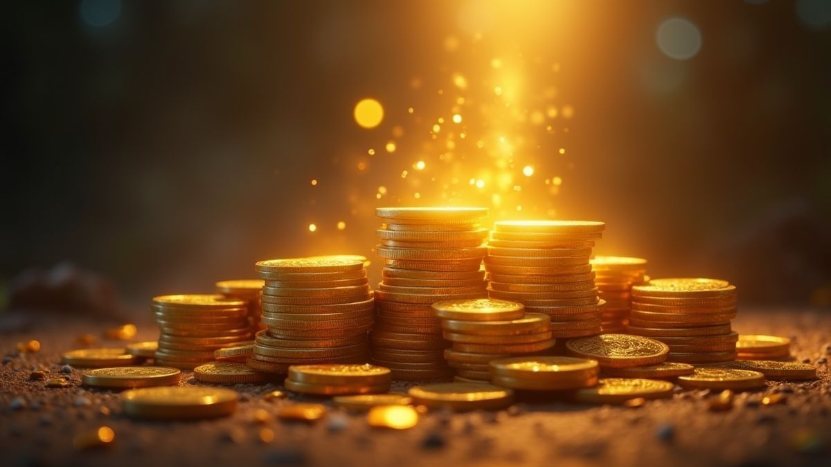 Montón de monedas doradas brillando bajo una luz mística.
