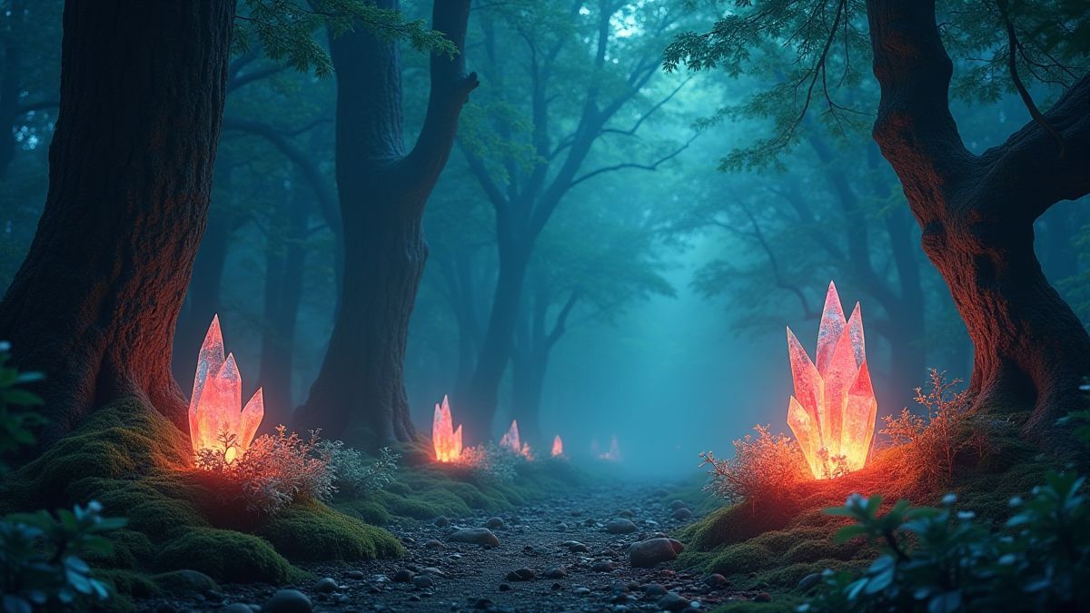 Fadas em uma floresta mágica com cristais brilhantes.