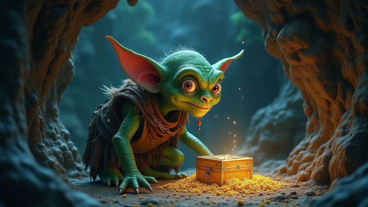 Goblin em uma caverna mágica guardando um cristal.
