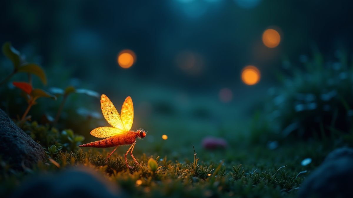 Uma vagalume brilhante em um jardim mágico sob a luz da lua.