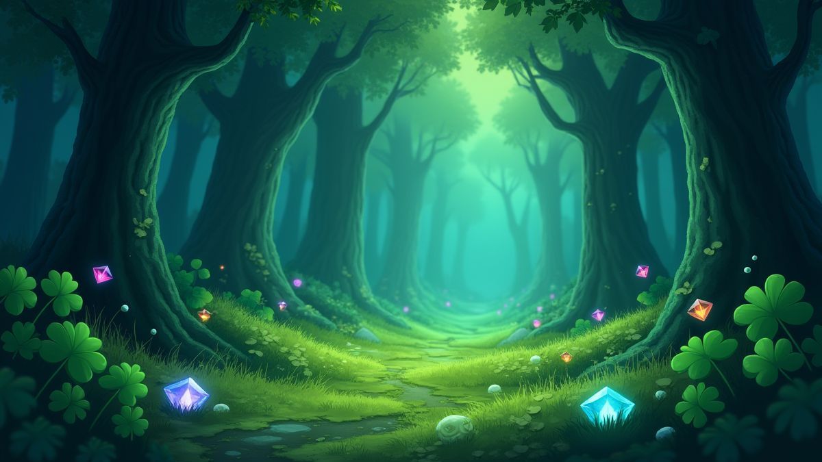 Bosque mágico con tr&#xE9;boles y gemas brillantes.