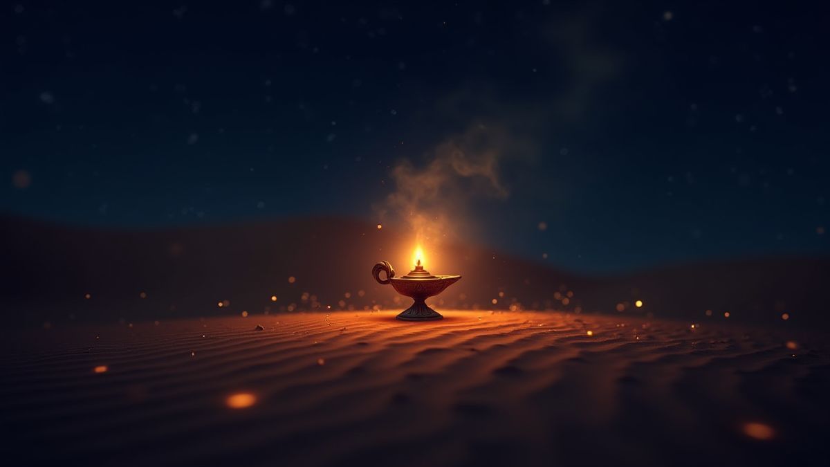 Lampe magique brilliante dans un désert sous la nuit étoilée.