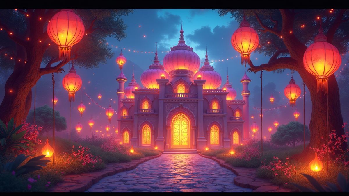 Palais de fantasy entouré de lanternes magiques.
