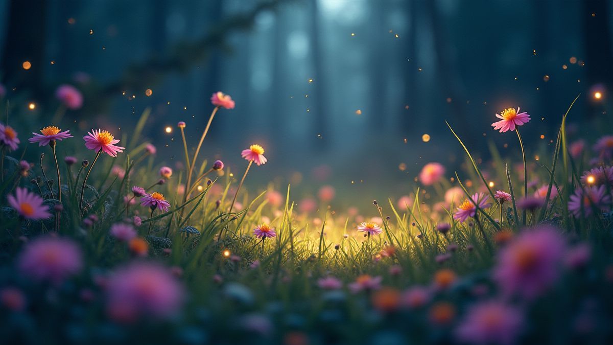 Un juego mágico de escondite en un prado con flores brillantes y hadas escondidas.