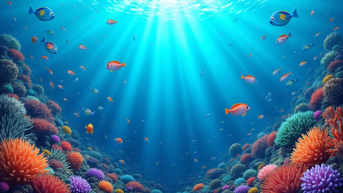 An underwater world with colorful fish and corals.