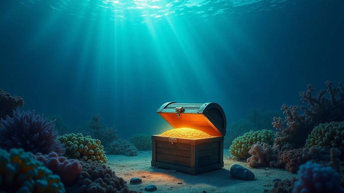 A glowing treasure chest surrounded by corals at the ocean floor.