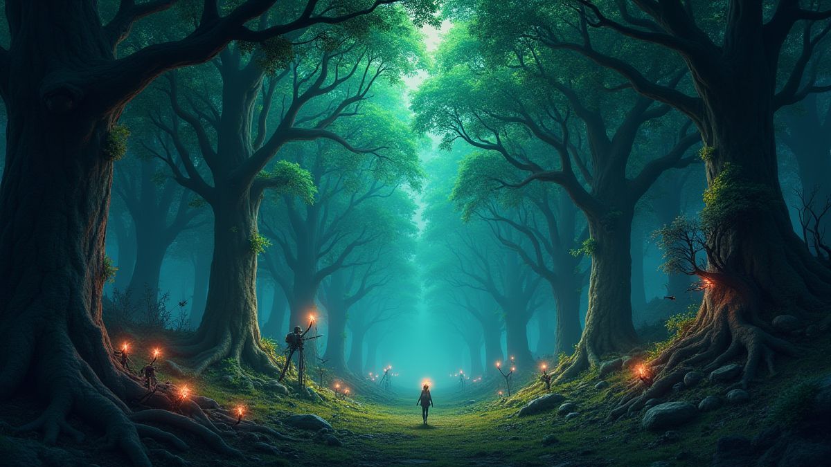 A magical forest full of fairies and goblins.
