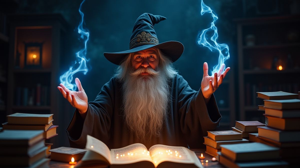 A wizard surrounded by glowing magical books.