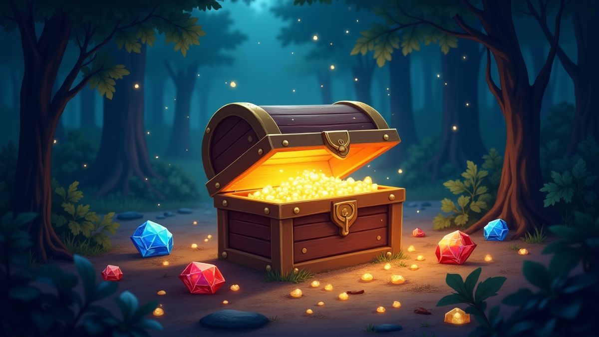 Shining treasure chest surrounded by jewels in a magical forest.