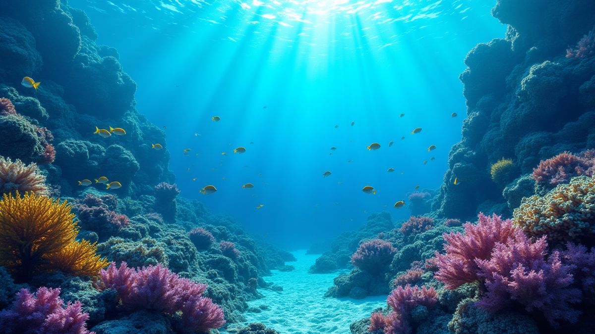 Un paisaje submarino con arrecifes de coral brillantes y bancos de peces tropicales.