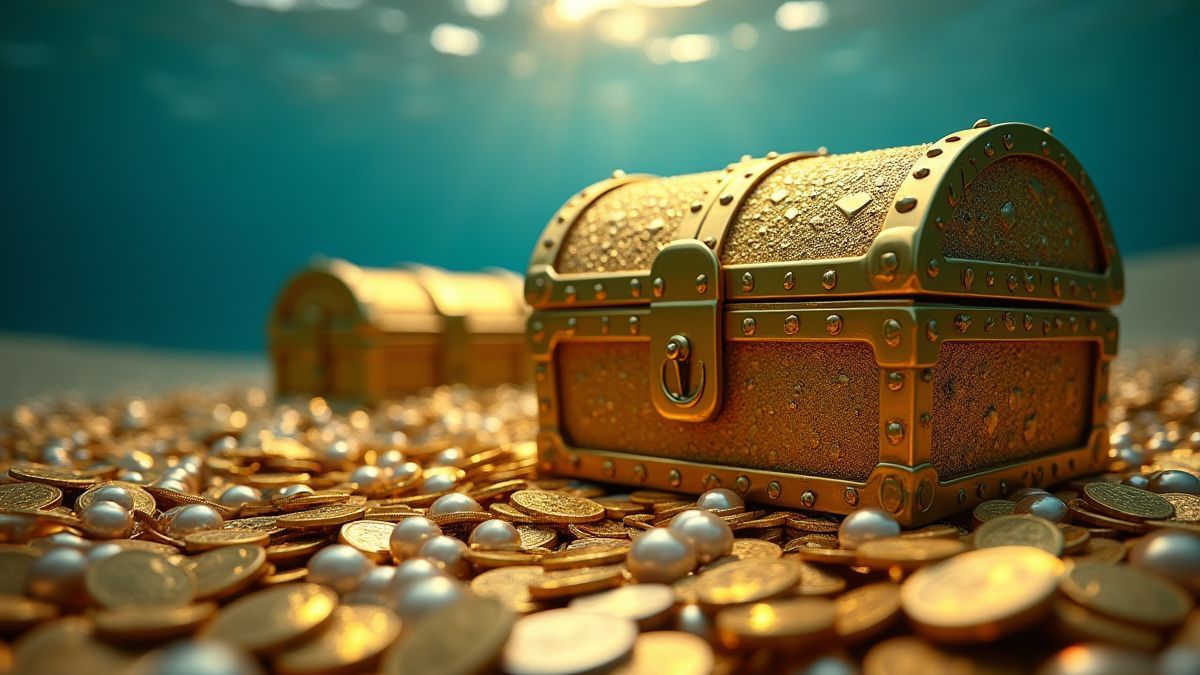 Cofres del tesoro dorados rodeados de monedas y perlas bajo el agua.