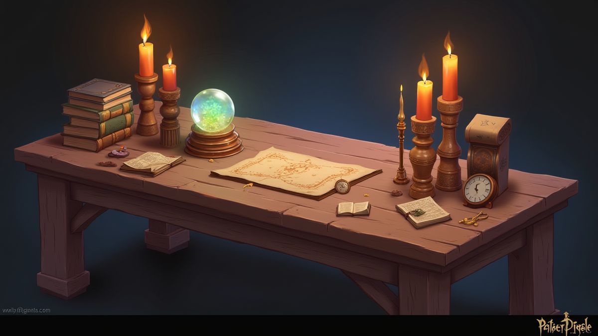 Mesa de madeira com artefatos mágicos como livros e bolas de cristal.