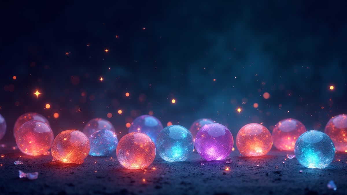 Bolas de cristal brilhantes e símbolos mágicos em um fundo escuro.