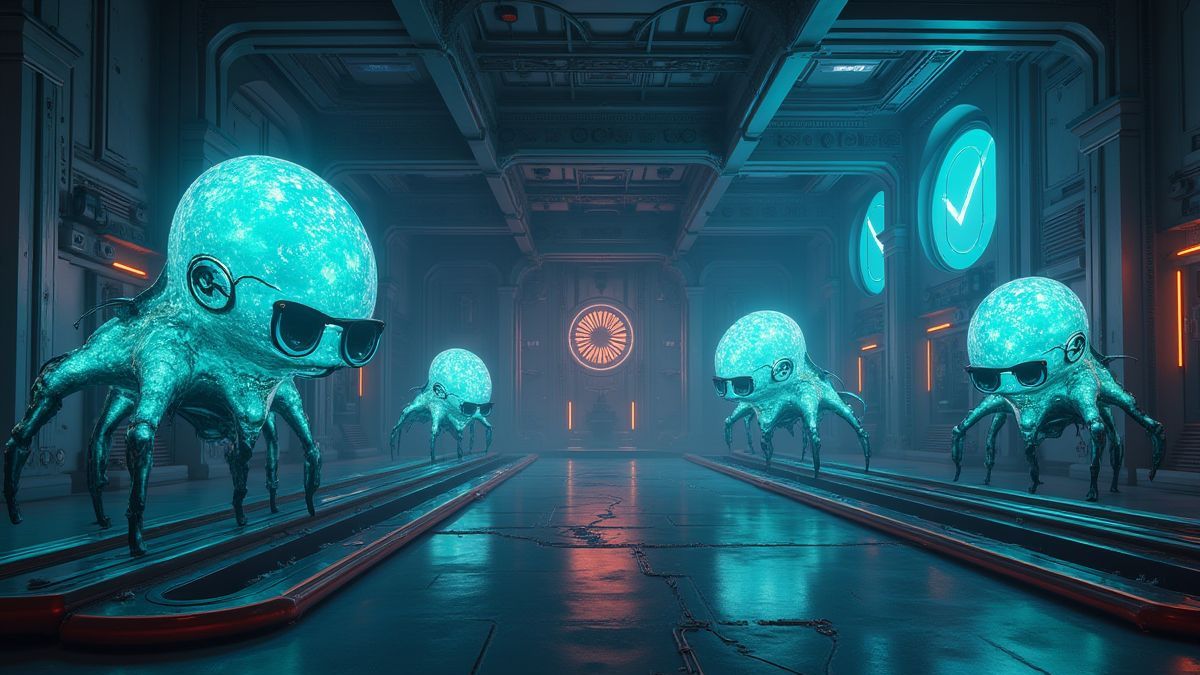 Laboratoire futuriste avec créatures énergétiques.