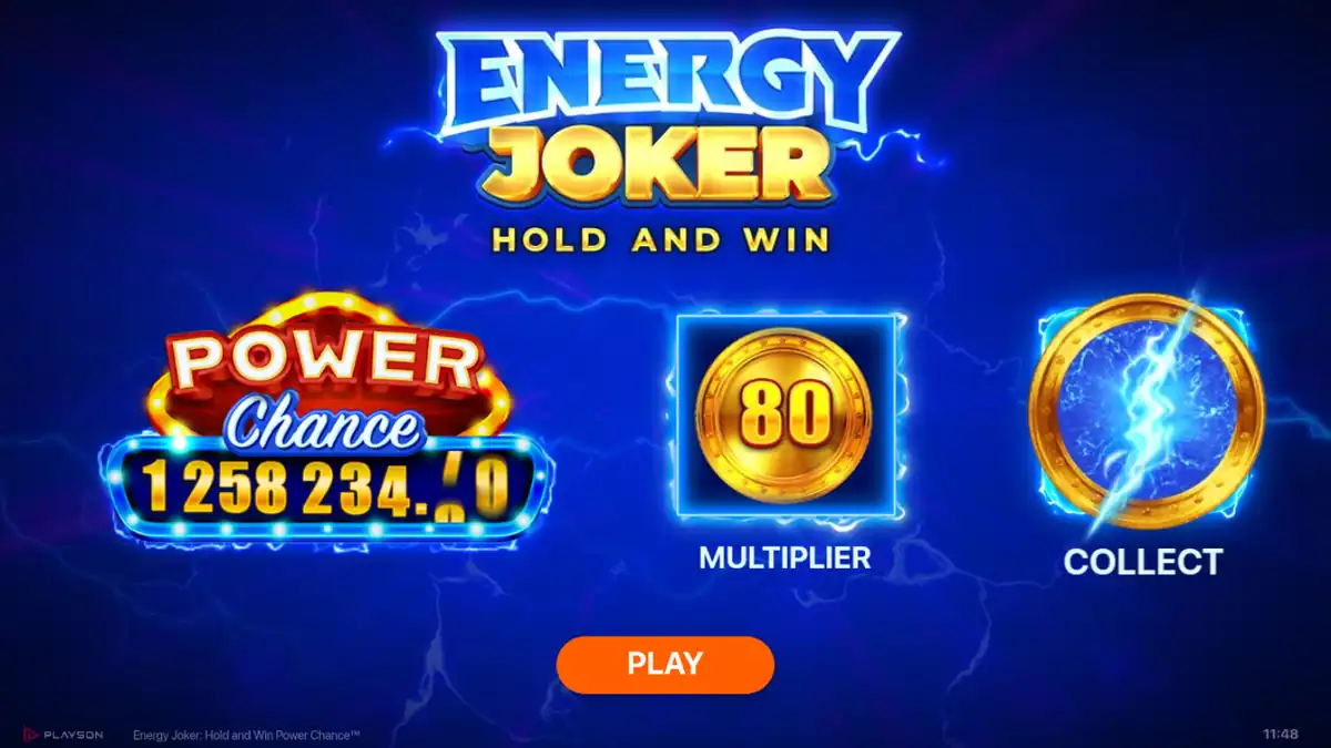 Pantalla de introducción de Energy Joker Power Chance con el bote Power Chance y símbolos Multiplier y Collect
