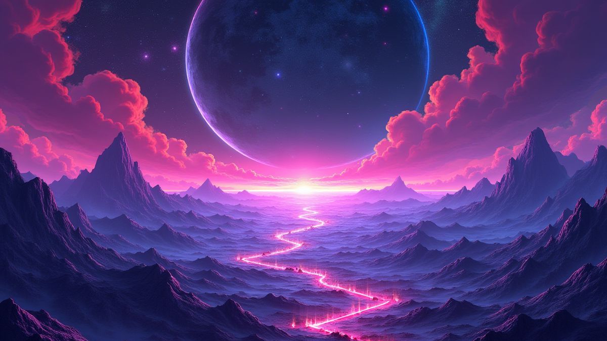 A futuristic cosmic landscape with neon lights and bright stars.