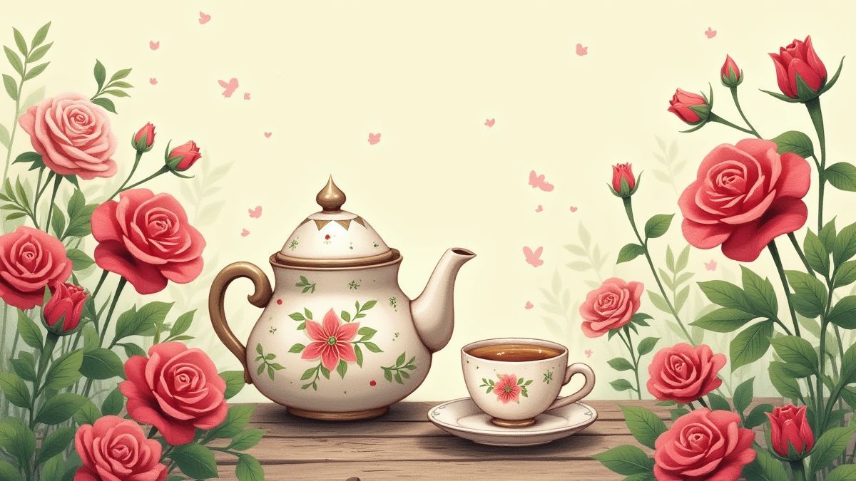 Tetera y tazas en un jardín de rosas.