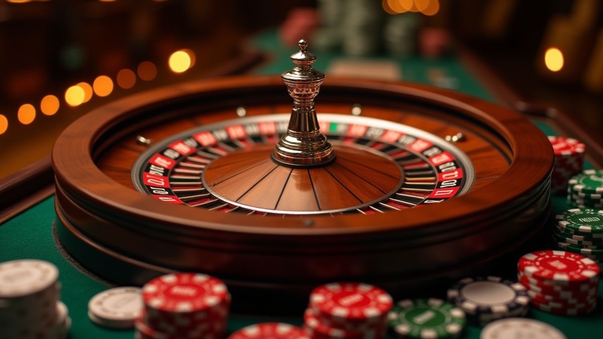 Roulettewiel met fiches en kaarten in een luxe casino.