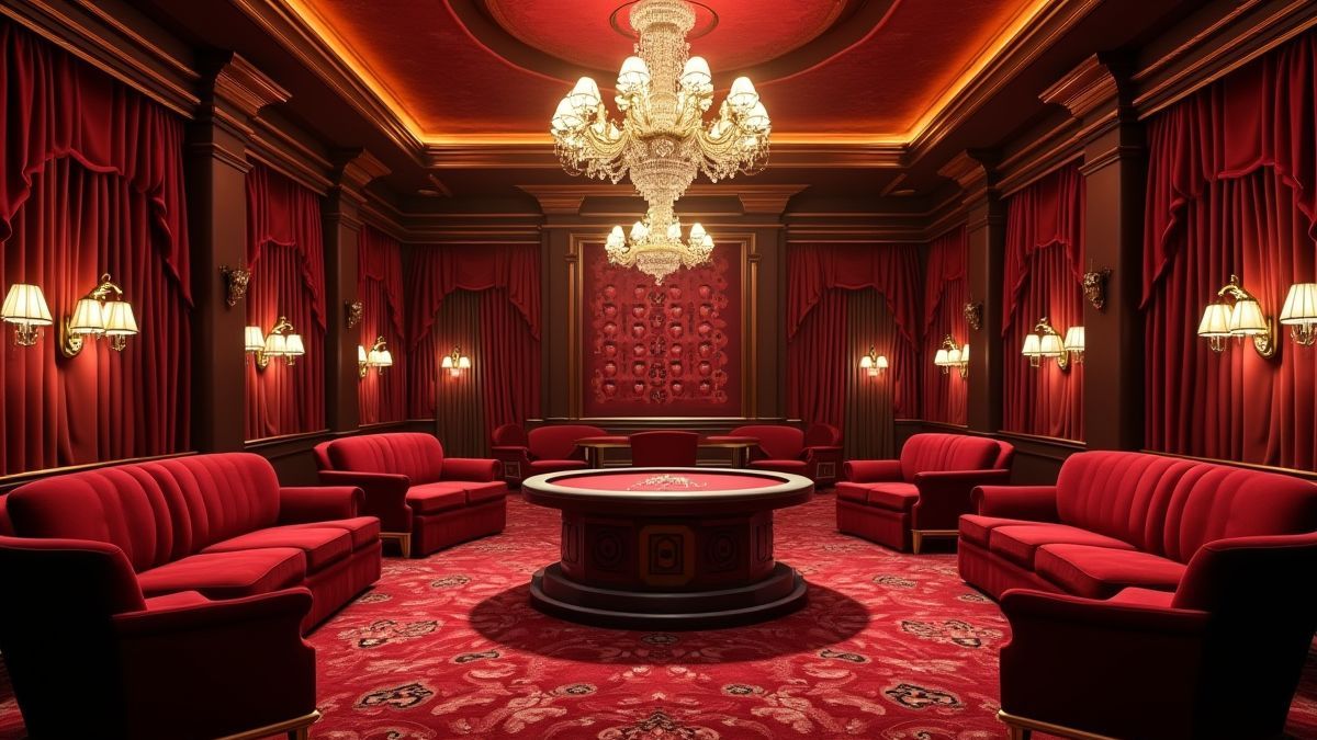 Interieur van een casino met kroonluchters en fluwelen gordijnen.