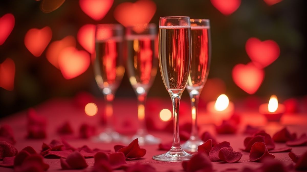 Champagne glasses on a romantic table surrounded by hearts.