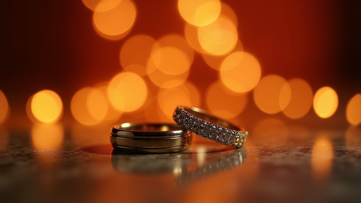 Wedding rings shining under romantic lighting.