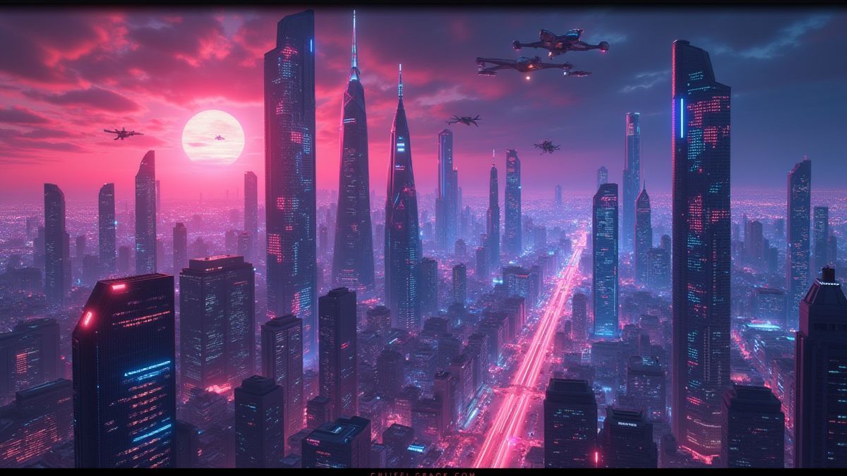 Een futuristische stad verlicht met wolkenkrabbers en vliegende auto's.