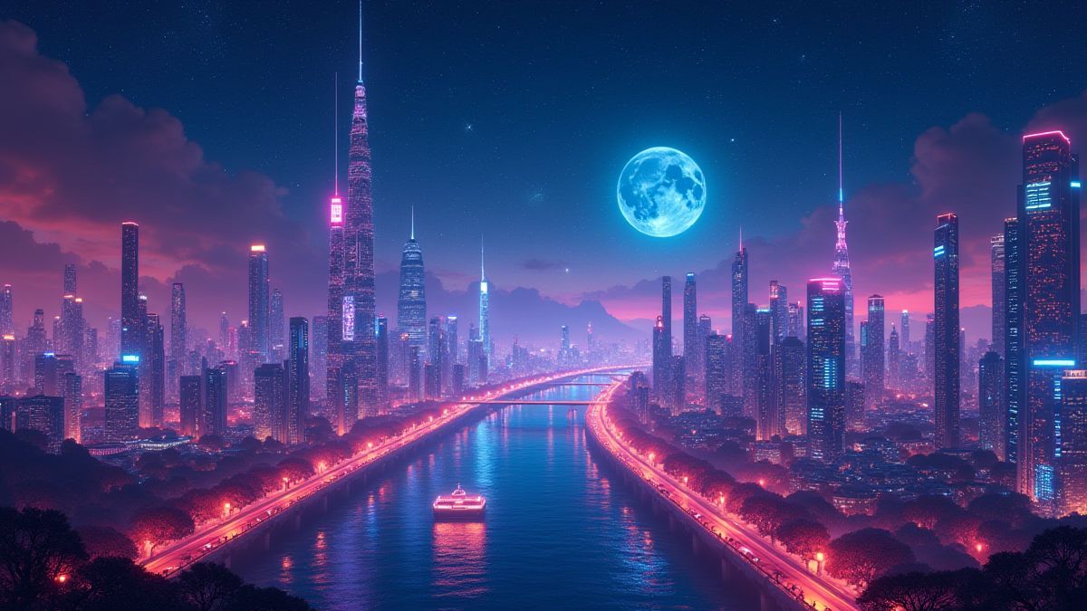 Een futuristische stad met neonlichten en vliegende auto's onder een sterrenhemel.