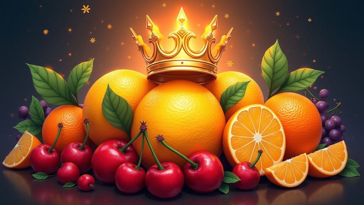 Símbolos de frutas clásicas y una corona brillante.