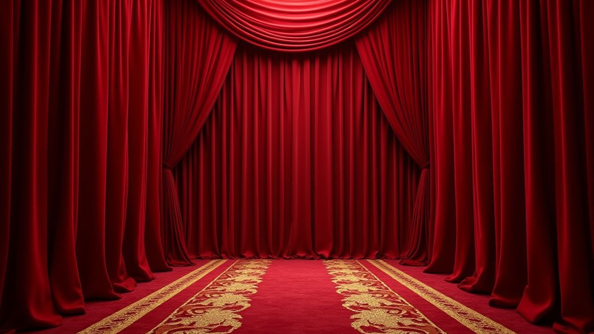 Fondo de casino con cortinas de terciopelo rojo y detalles dorados.