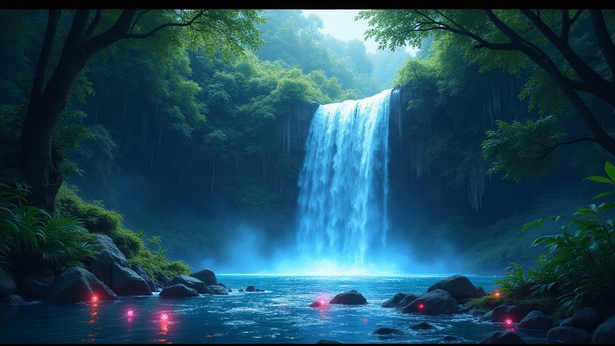Ein Wasserfall in einem Dschungel mit leuchtenden Edelsteinen verstreut.