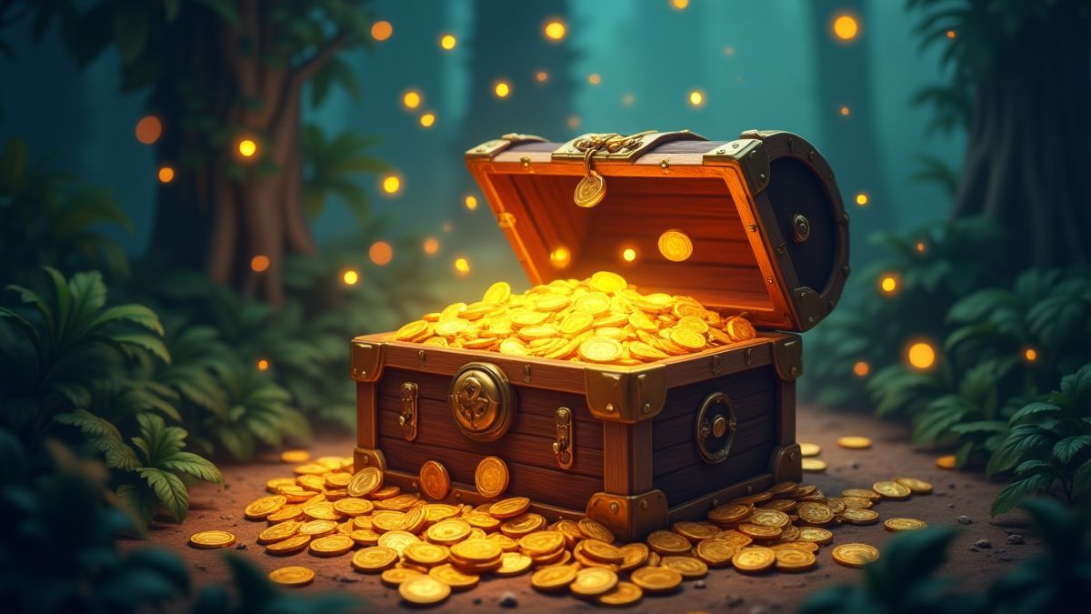 Eine Schatztruhe, die mit Goldmünzen und leuchtenden Edelsteinen in einem Dschungel überquillt.