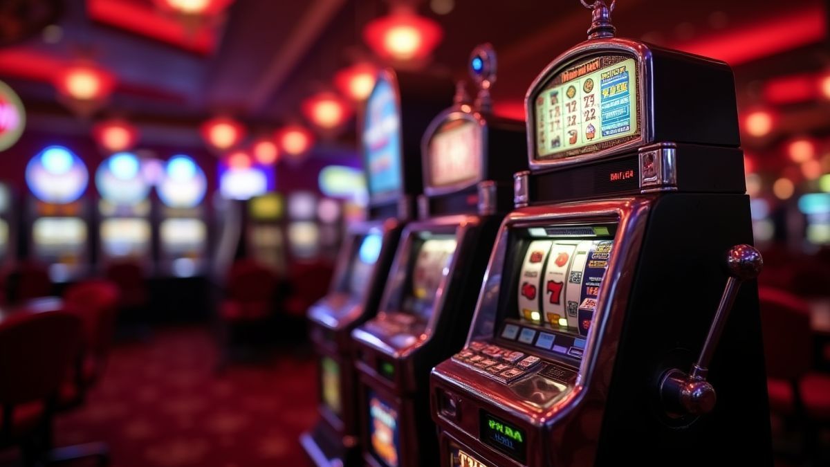 Eine klassische Spielautomaten in einem Retro-Casino voller Lichter.