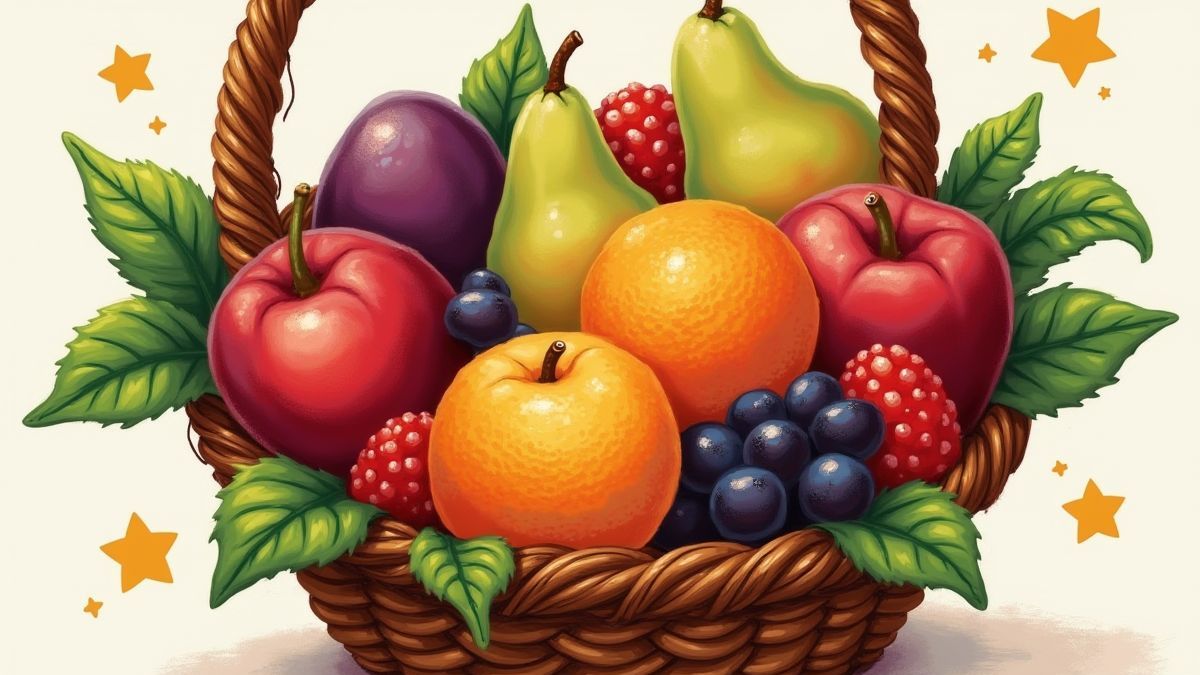 Ein bunter Obstkorb mit Pflaumen, Orangen und Sternen.
