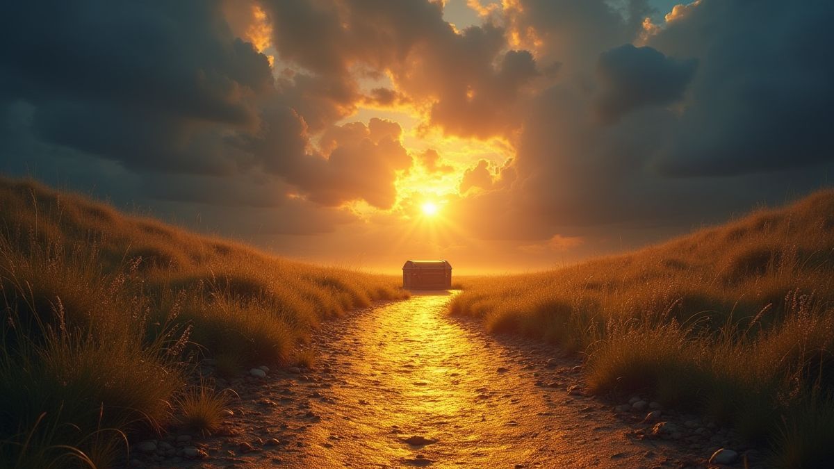 Un chemin doré qui mène à un coffre au trésor sous un ciel mystique.