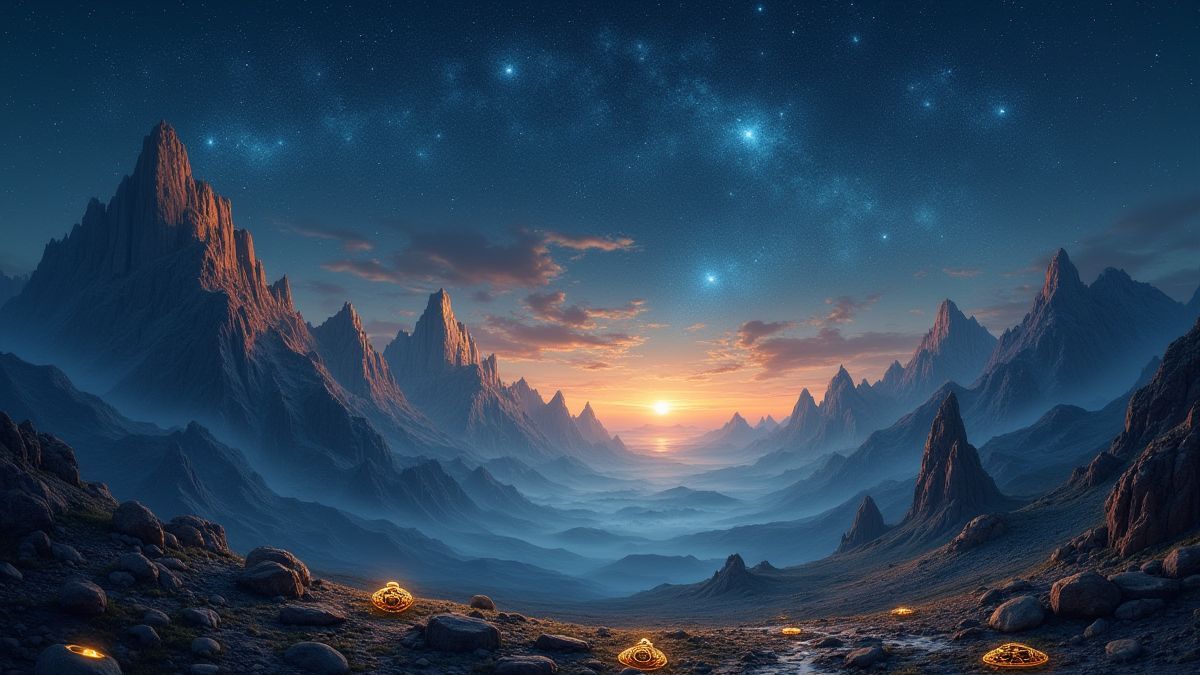 Montaînes mystiques sous un ciel étoilé avec des artefacts dorés éparpillés.