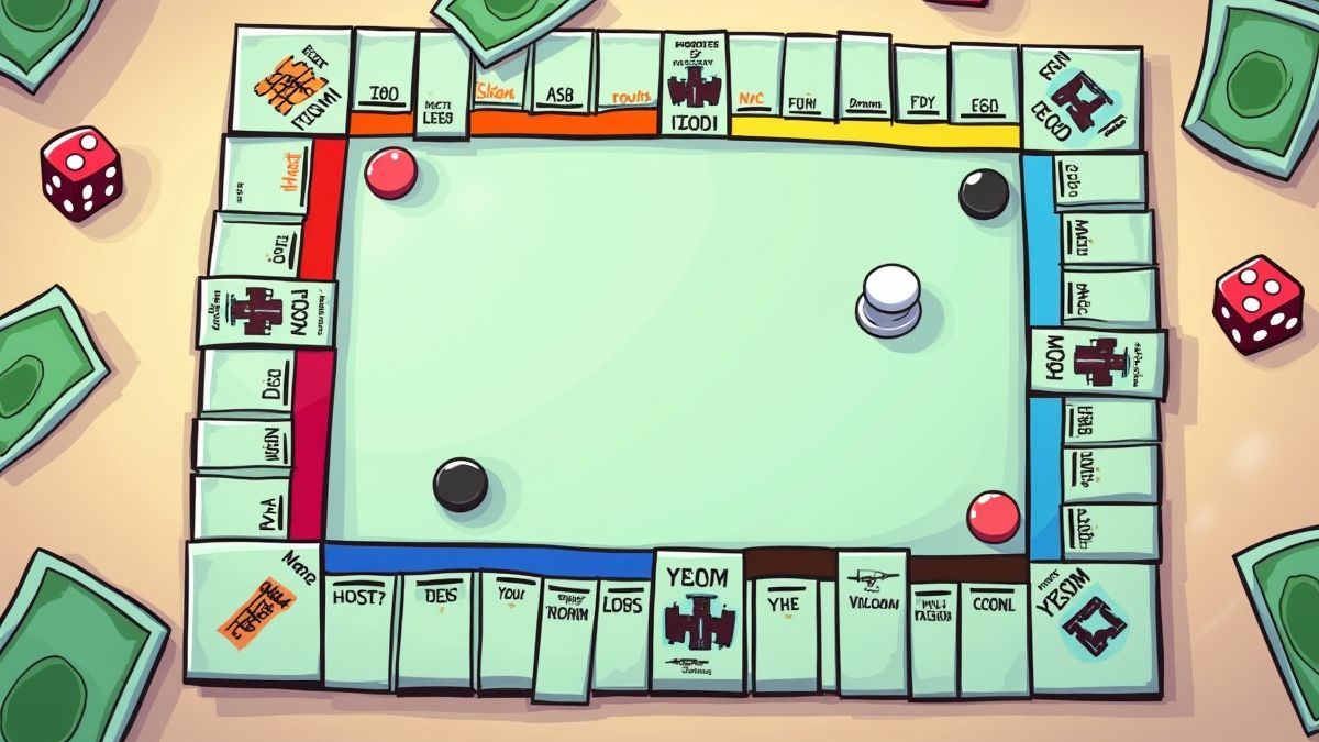 Geanimeerd Monopoly bord met tokens en geld.