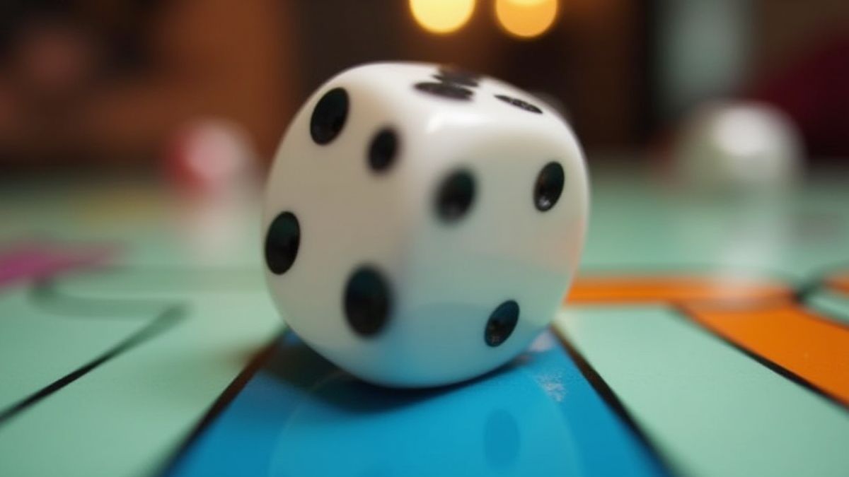 Dobbelstenen die rollen op een kleurrijk Monopoly bord.