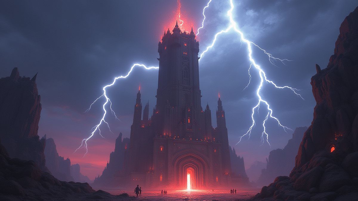 Rayos mágicos iluminando uma torre mítica em um ambiente fantástico.