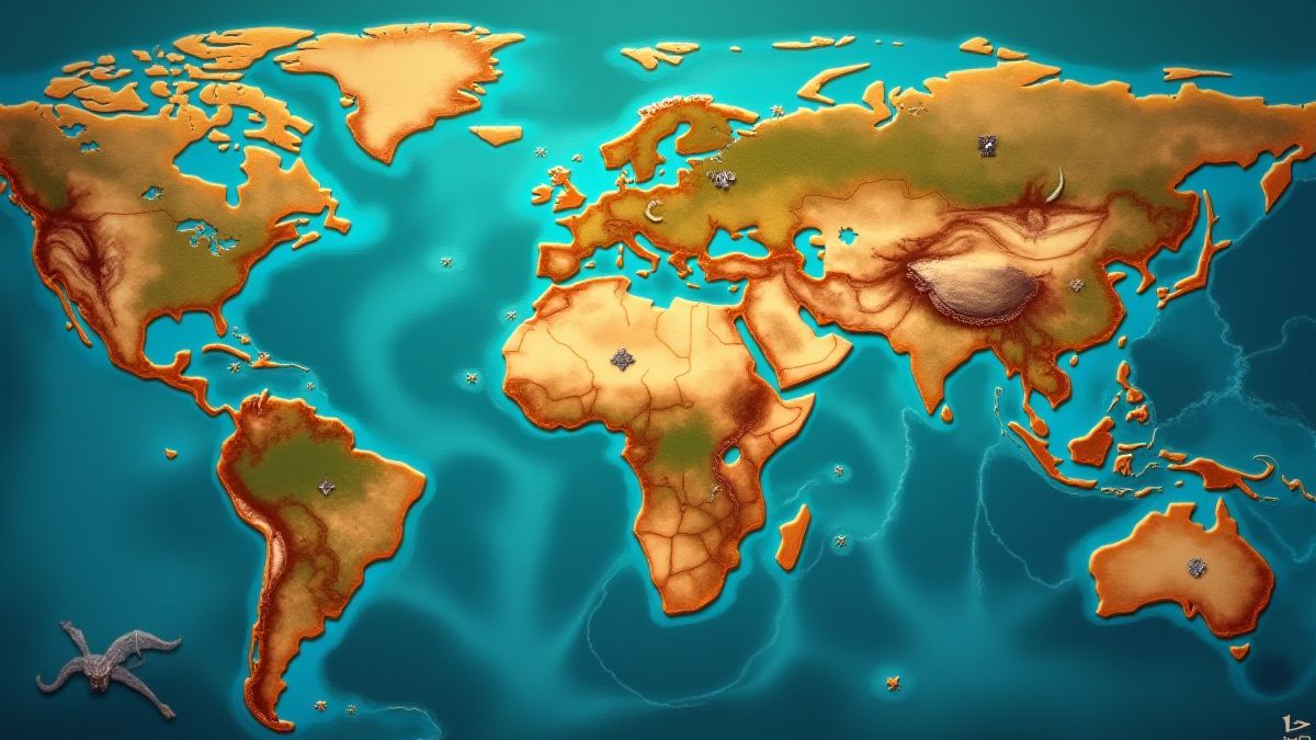Animated pirate map with X marks, islands, and sea monsters.