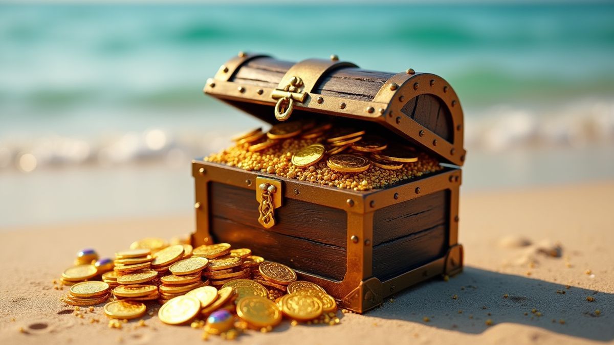 Treasure chest filled with gold coins and gems on a beach.