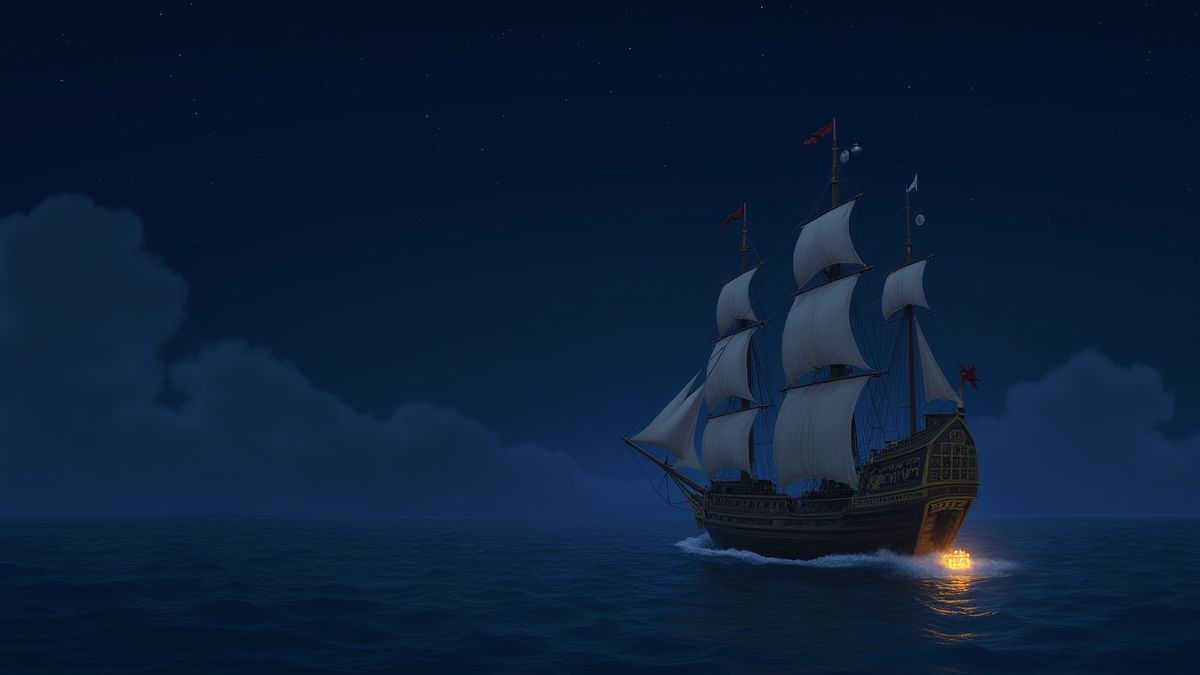 Pirate ship sailing under a starry sky with a treasure chest on the horizon.