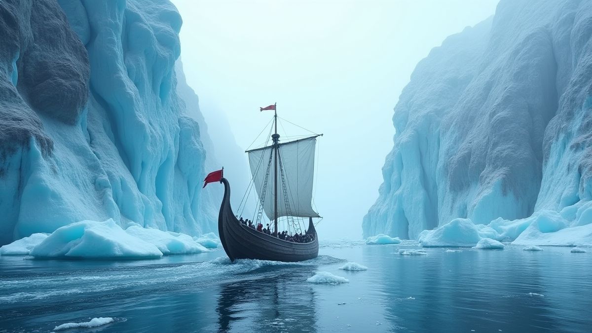 Wikingerboot, das in gefrorenen Gewässern segelt